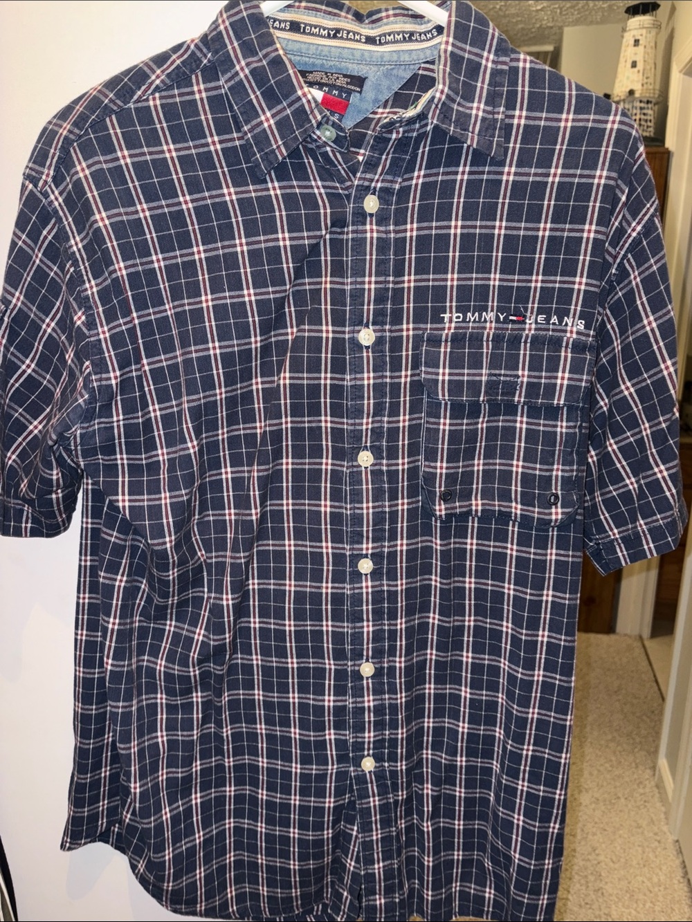 Tommy Hilfiger Navy and White Plaid Short-Sleeve Button-Up Shirt
